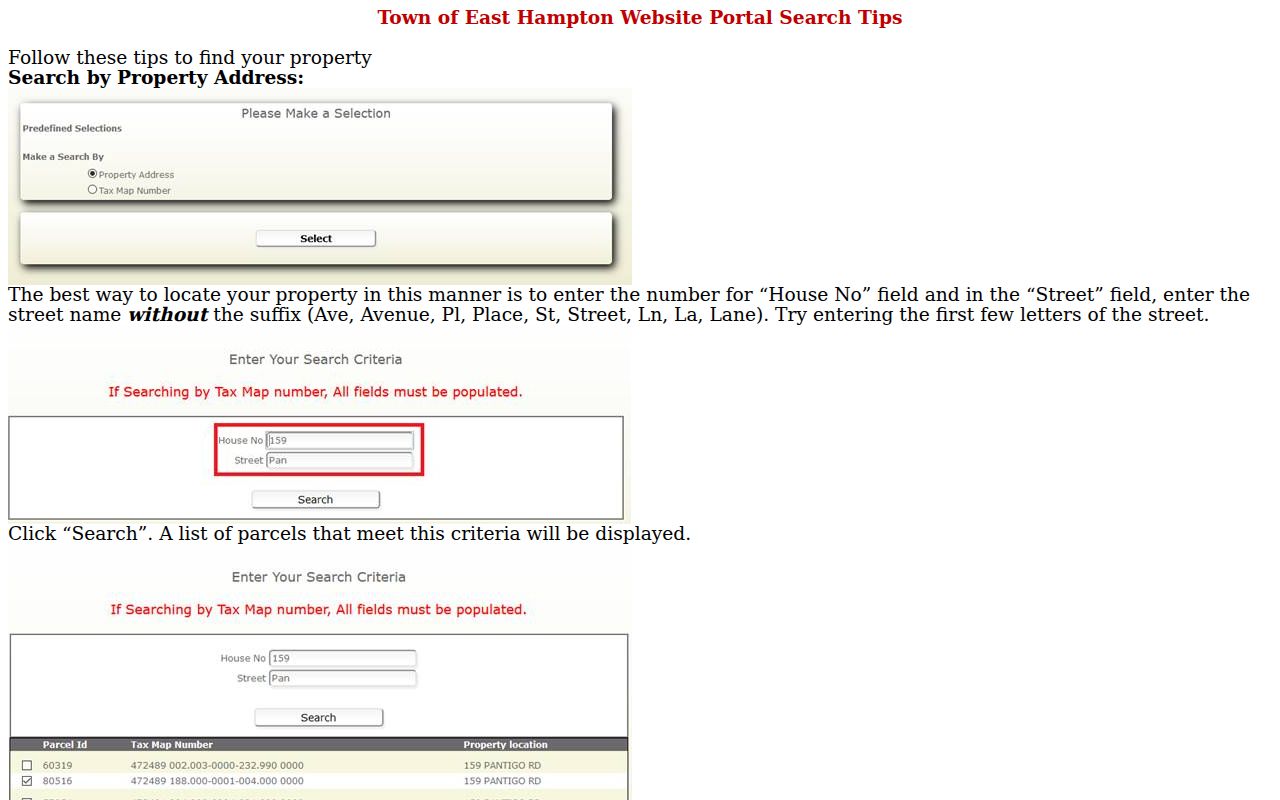 Town of East Hampton ZIP code directory eGov address and tax-map search guidance